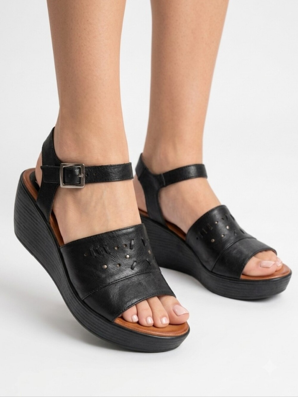 Miz Mooz Striking Leather Wedge Sandals Ankle Strap Black
